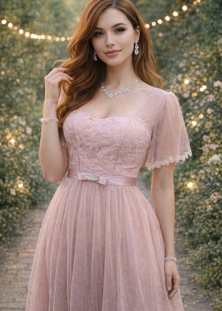Elegant Pink Lace Party Dress free delivery