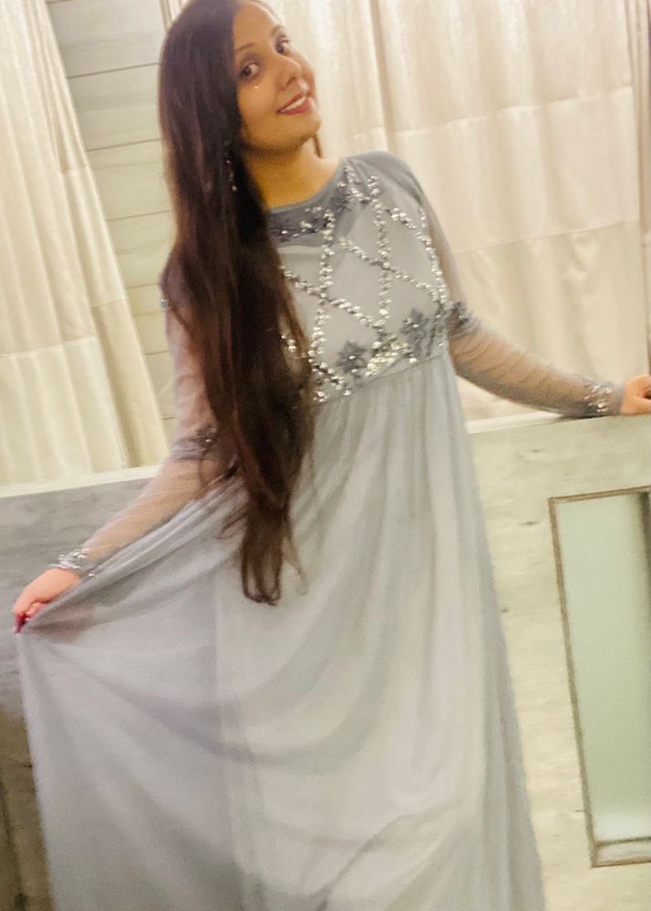 Elegant Gray Embellished Maxi Dress