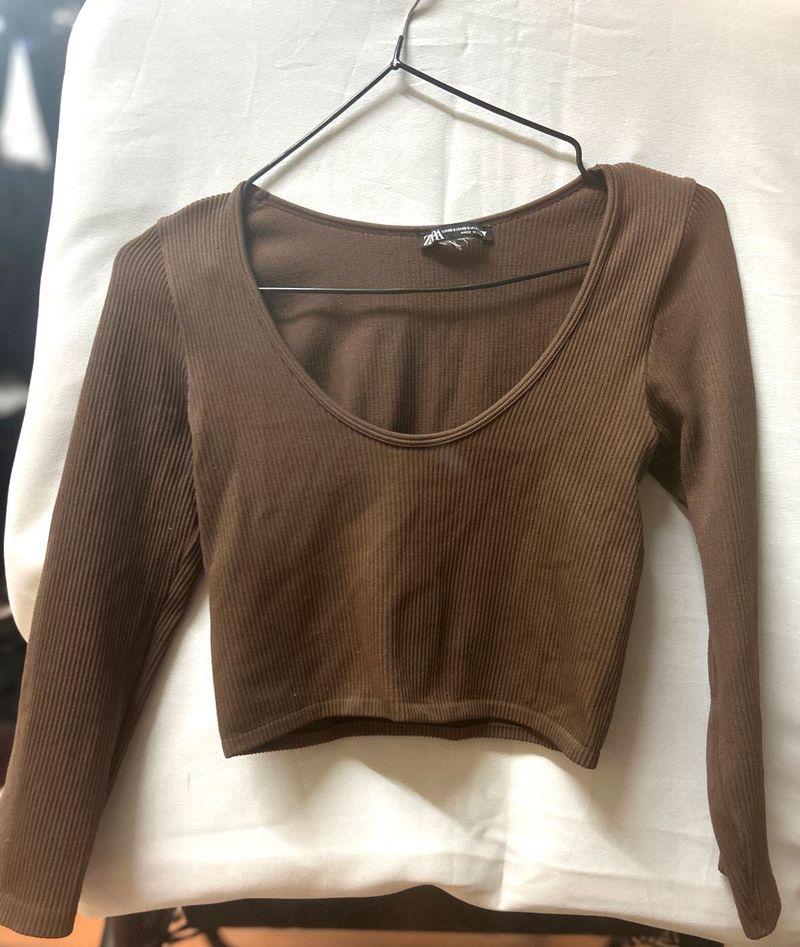 Zara Brown Ribbed Long Sleeve Top