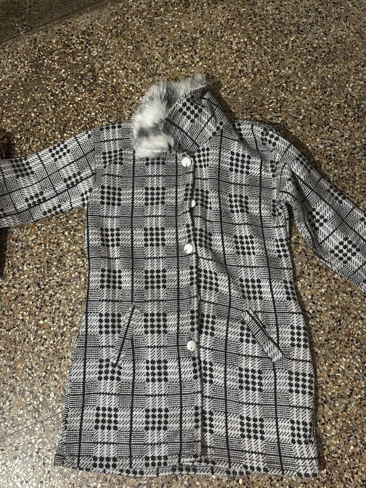 Plaid Coat with Faux Fur Collar