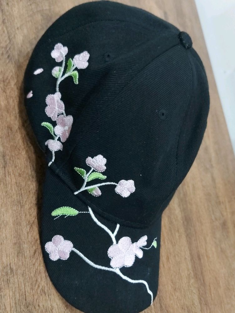 Pink Flower Embroidery Cap For Women