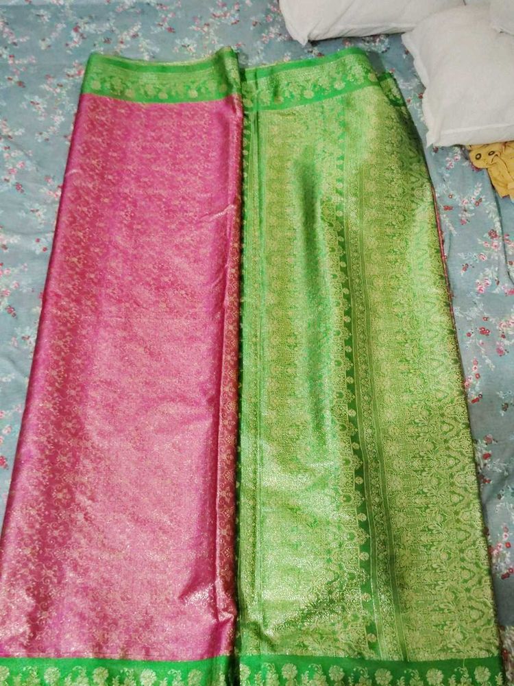 Pink &amp; Green Ethnic silk blend saree without blous