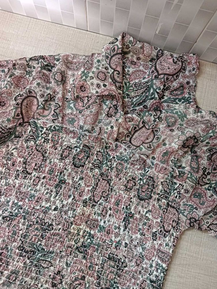 Paisley Print Smocked Blouse Top
