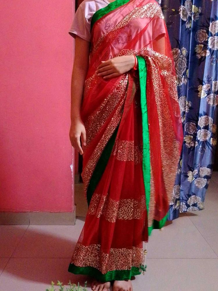 Green Velvet Blouse And Saree