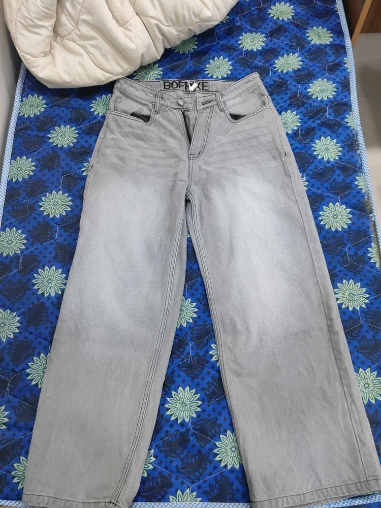 Gray Wide Leg Denim Jeans