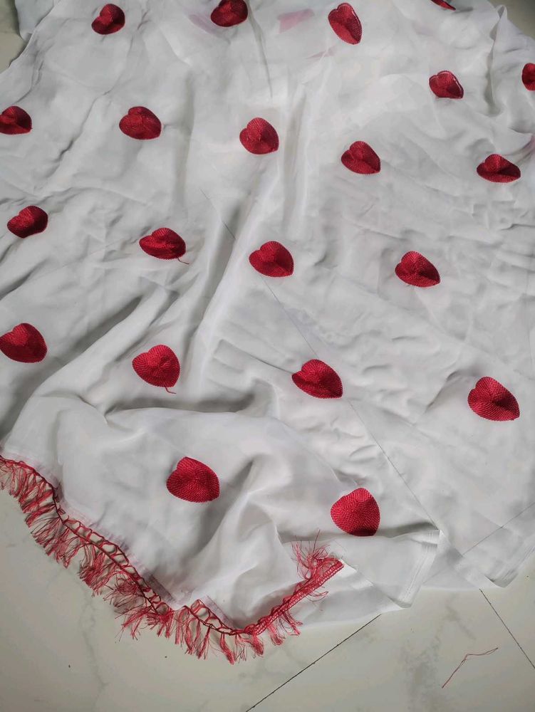 White Scarf with Red Floral Print