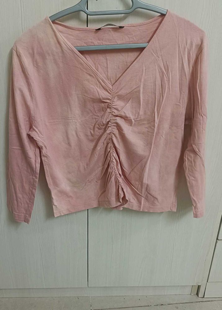 Pink Ruched V-Neck Top