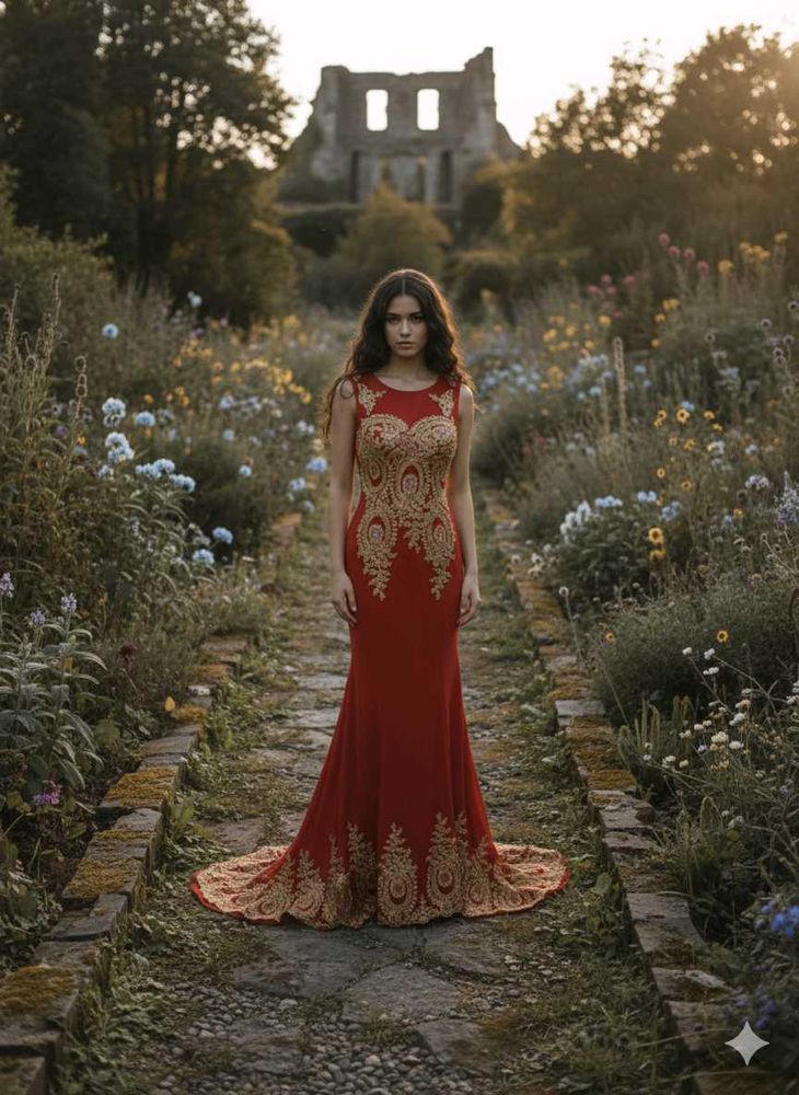 Elegant Red &amp; Gold Evening Gown