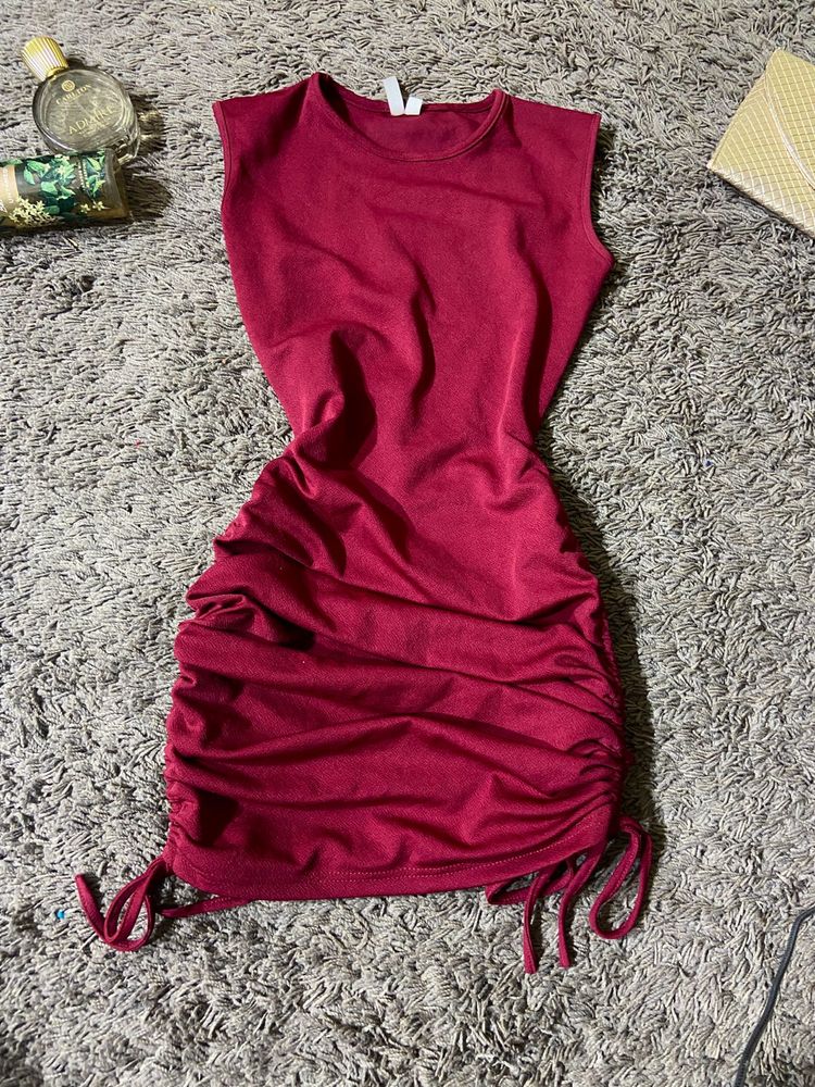 Maroon Drawstring Ruched Dress