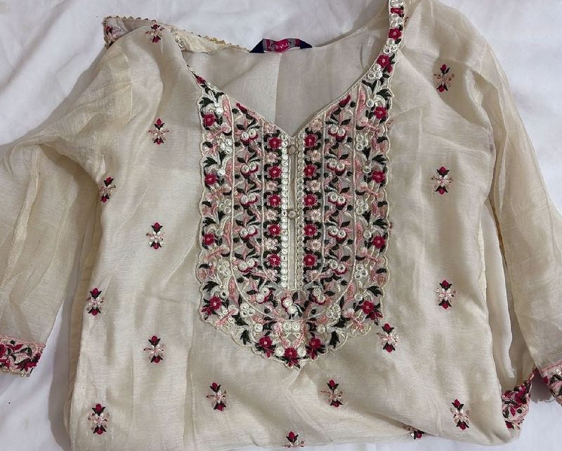 Embroidered Cream Kurta Set