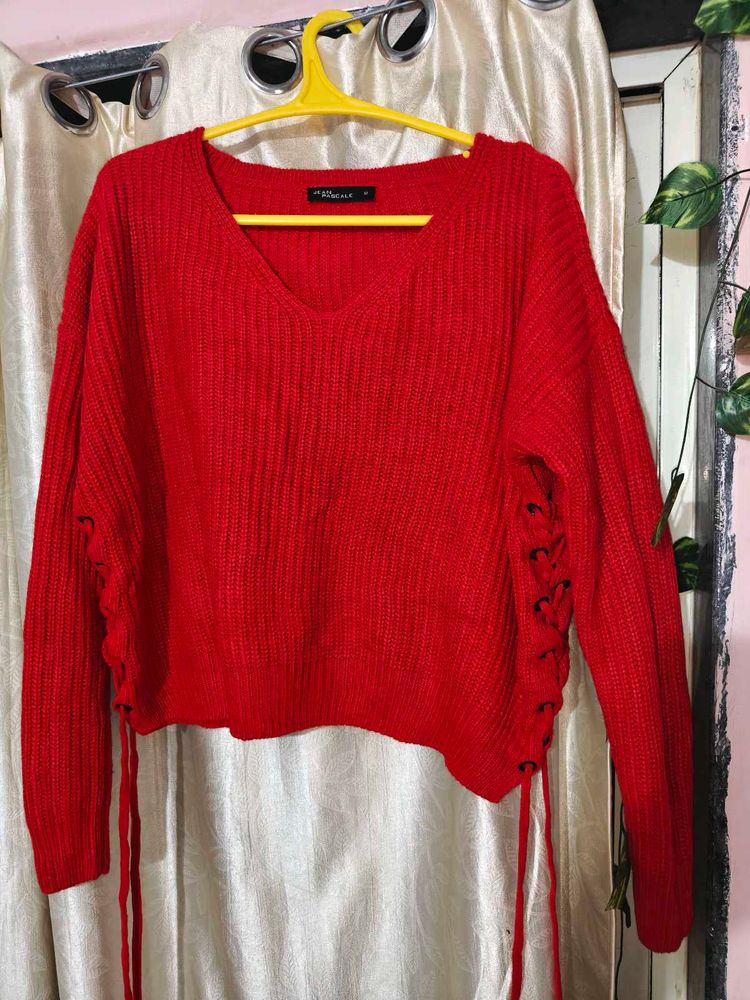 Red Cropped V-Neck Knit Sweater
