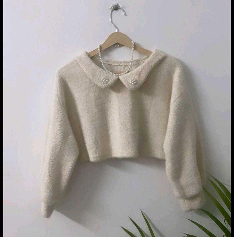 Elegant Pearl Collar Crop Sweater