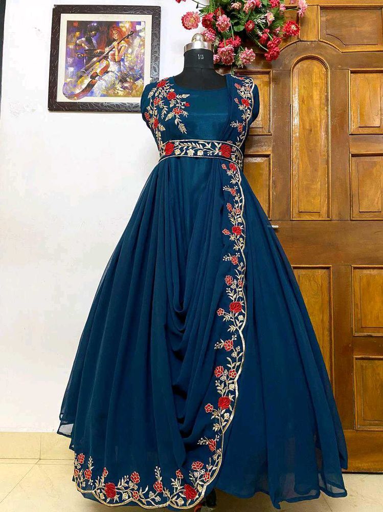 Elegant Olive Green Embroidered Saree Gown
