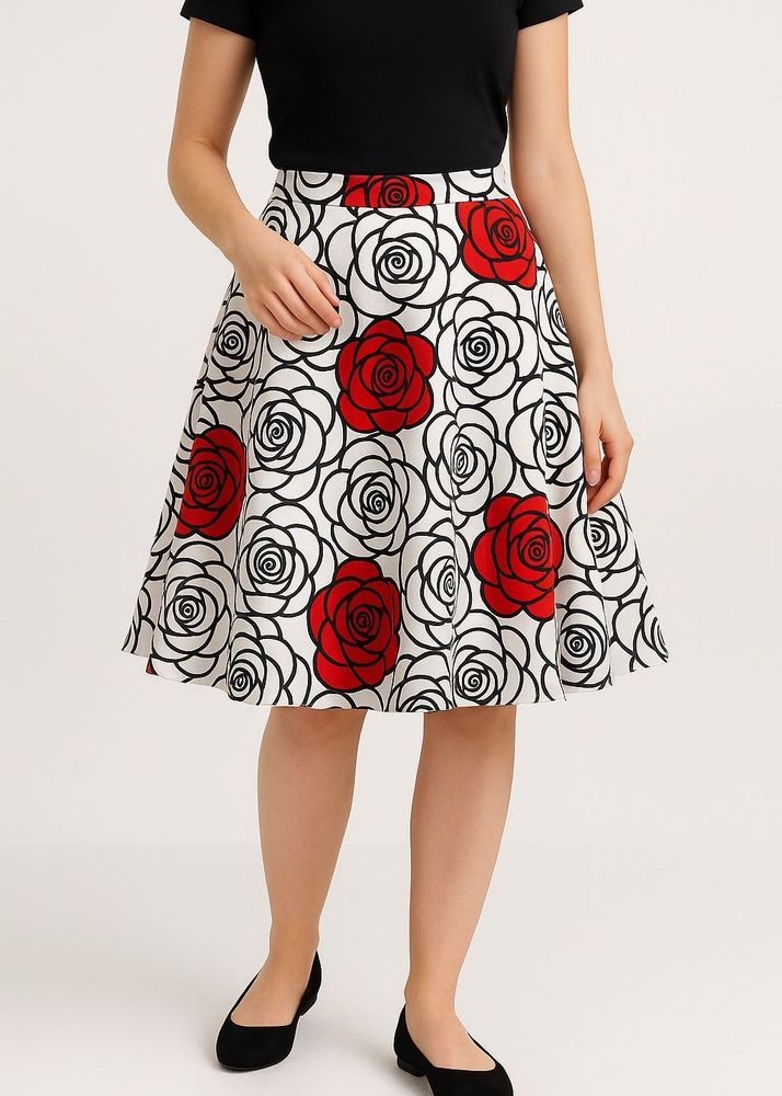 Black &amp; Red Rose-Printed Skater Skirt – Scuba Crep