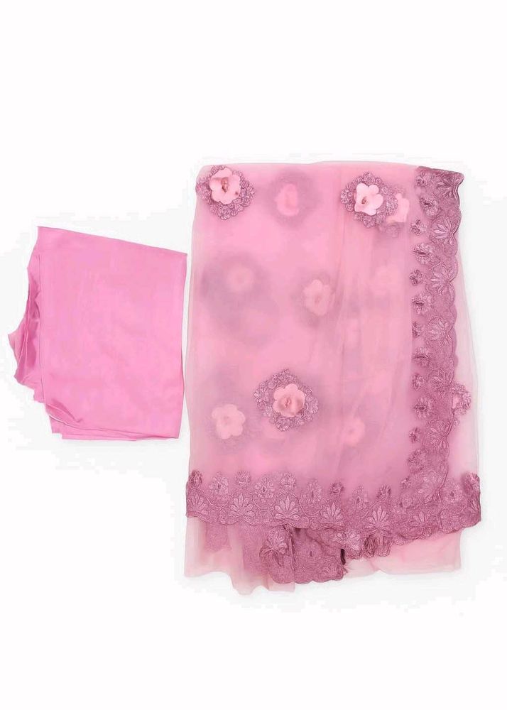 Pink Floral Applique Saree with Petticoat