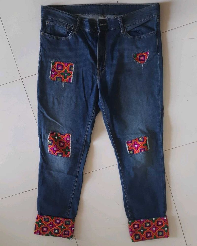 Dark Blue Embroidered Denim Jeans