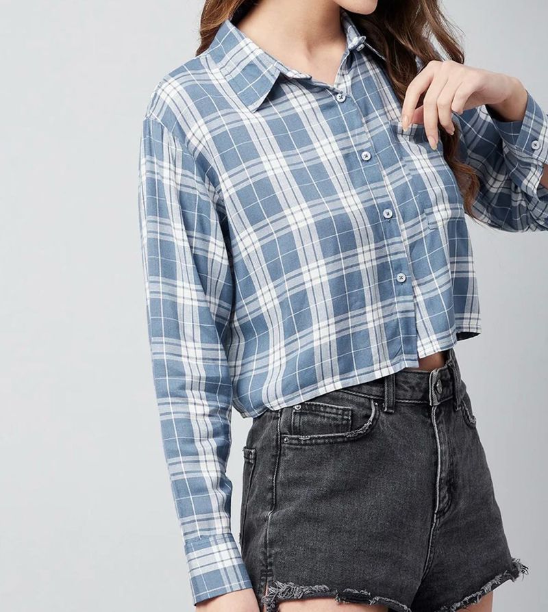 Blue Plaid Crop Top Shirt