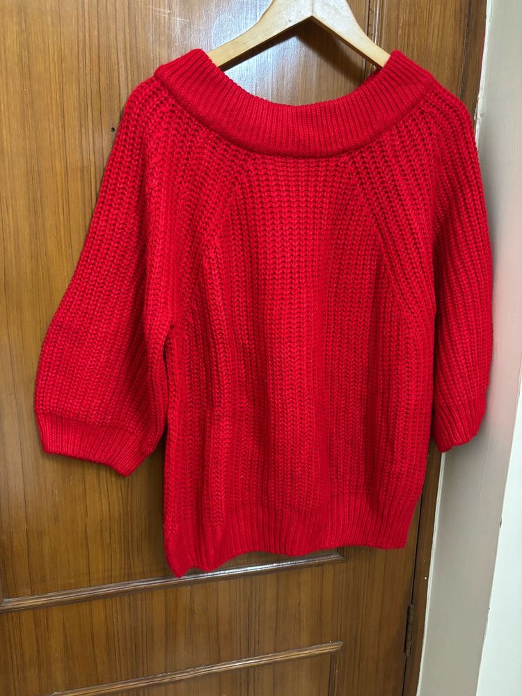 Red Puff Sleeves Cable Knit Pullover