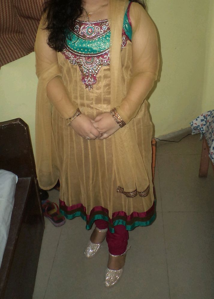 Golden A-line Kurta With Dupatta