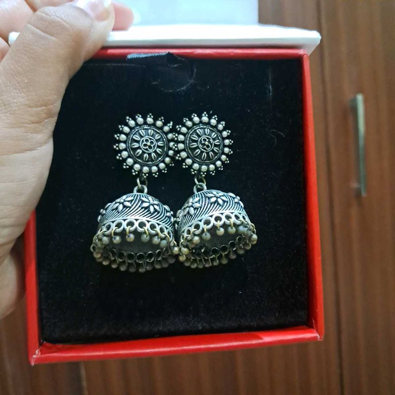 Oxidized Silver Jhumka Earrings