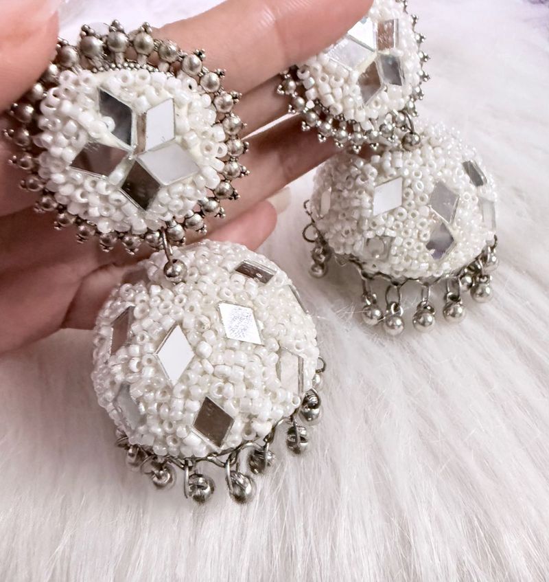 Big White Pearl &amp; Mirror Jhumkas