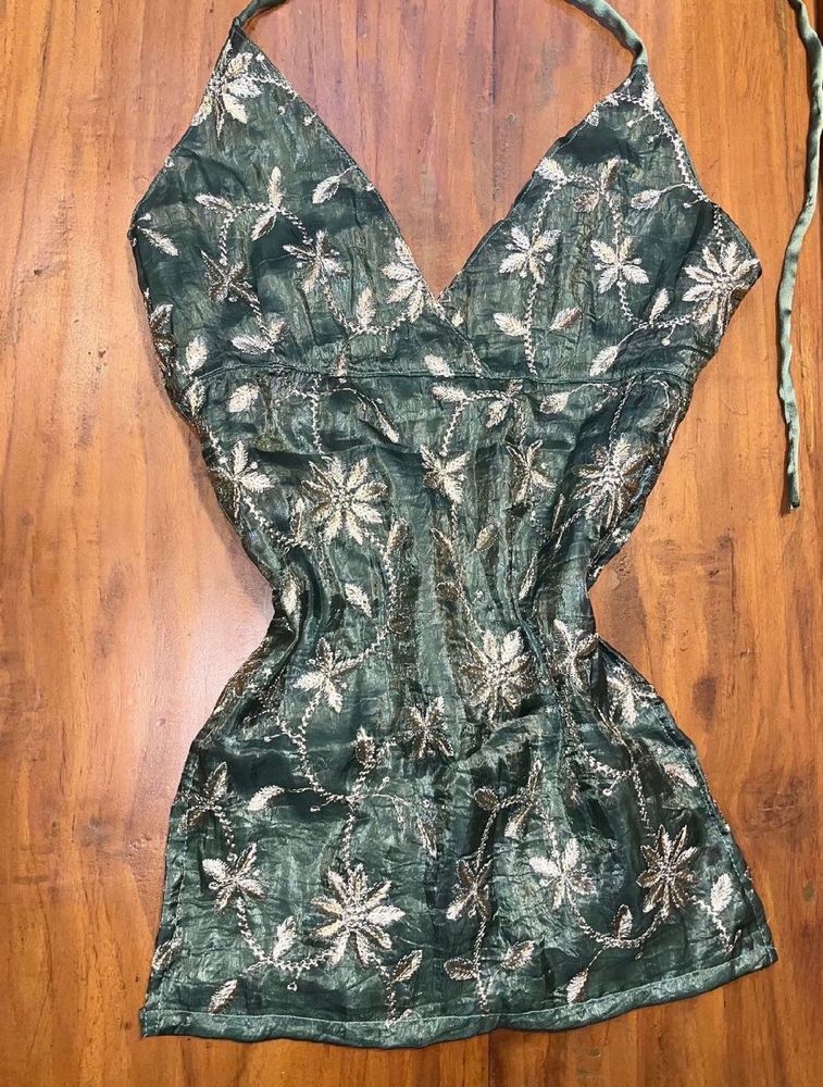 Green Embroidered Halter Top