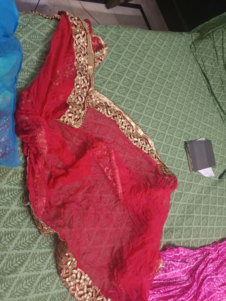 Graceful Red Duppta With Golden Pearls