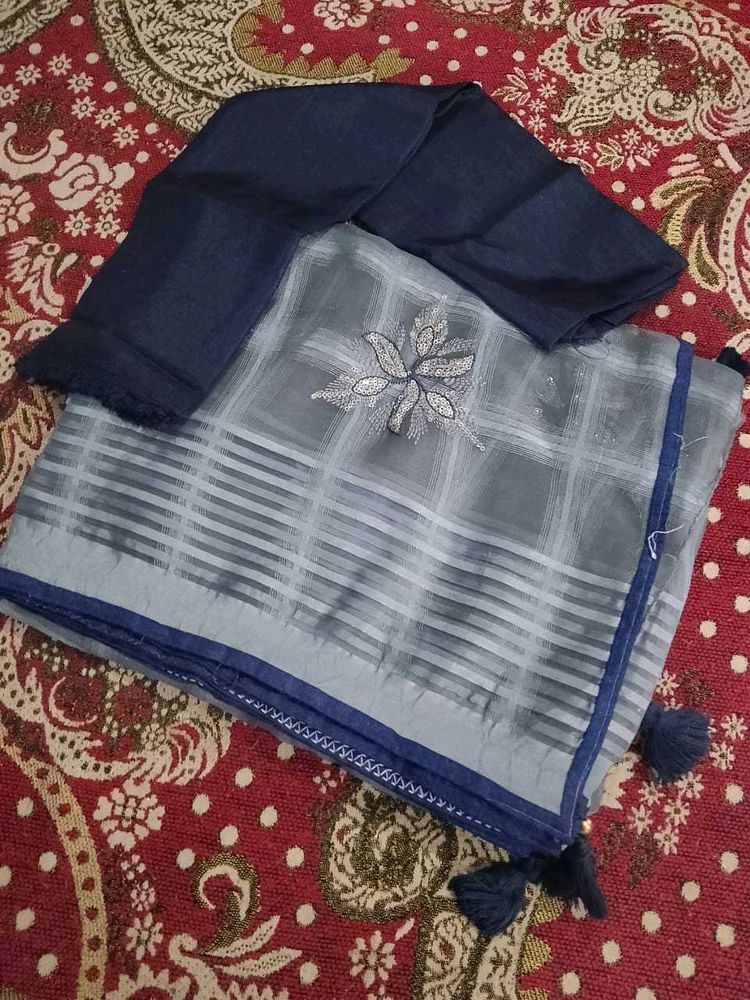 Organza Worked Saree With Unstitched Blouse