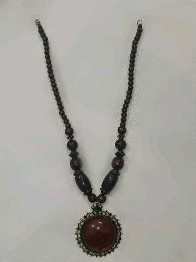 Beaded Necklace with Red Stone Pendant