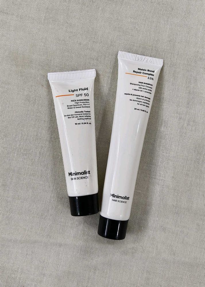 Minimalist 10ml sunscreen and 20ml shampoo combo