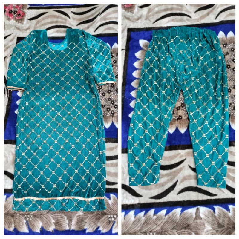 Peacock Velvet Golden Work Suit