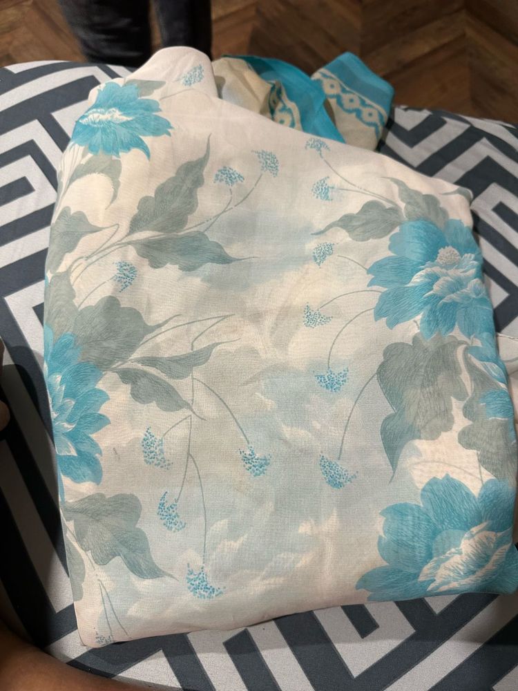 Saree White Flower Print Unused