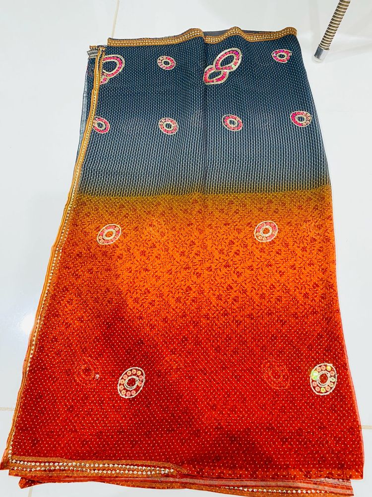Synthetic Saree Orange And Dark Grey Coloured Sare