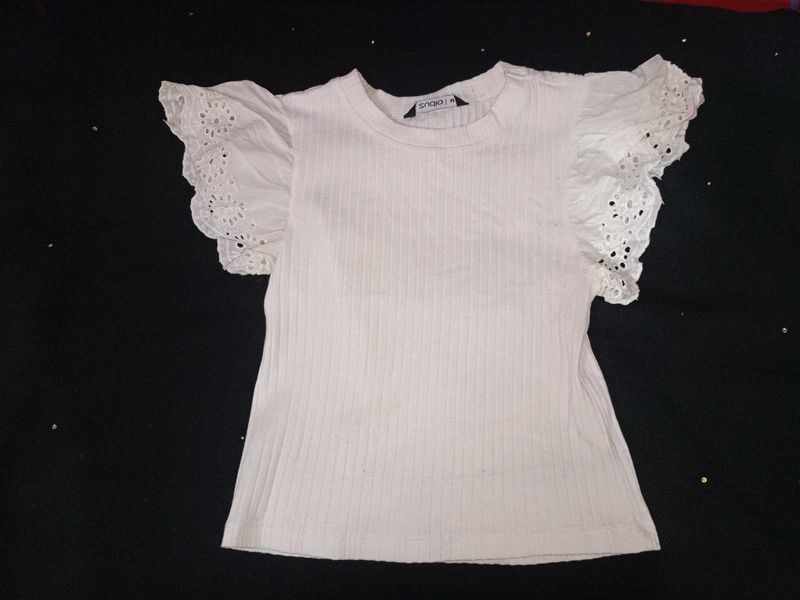 White Ribbed Tee with Eyelet Sleeves