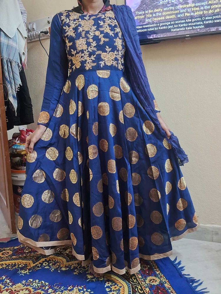 Elegant Blue &amp; Gold Anarkali Kurta