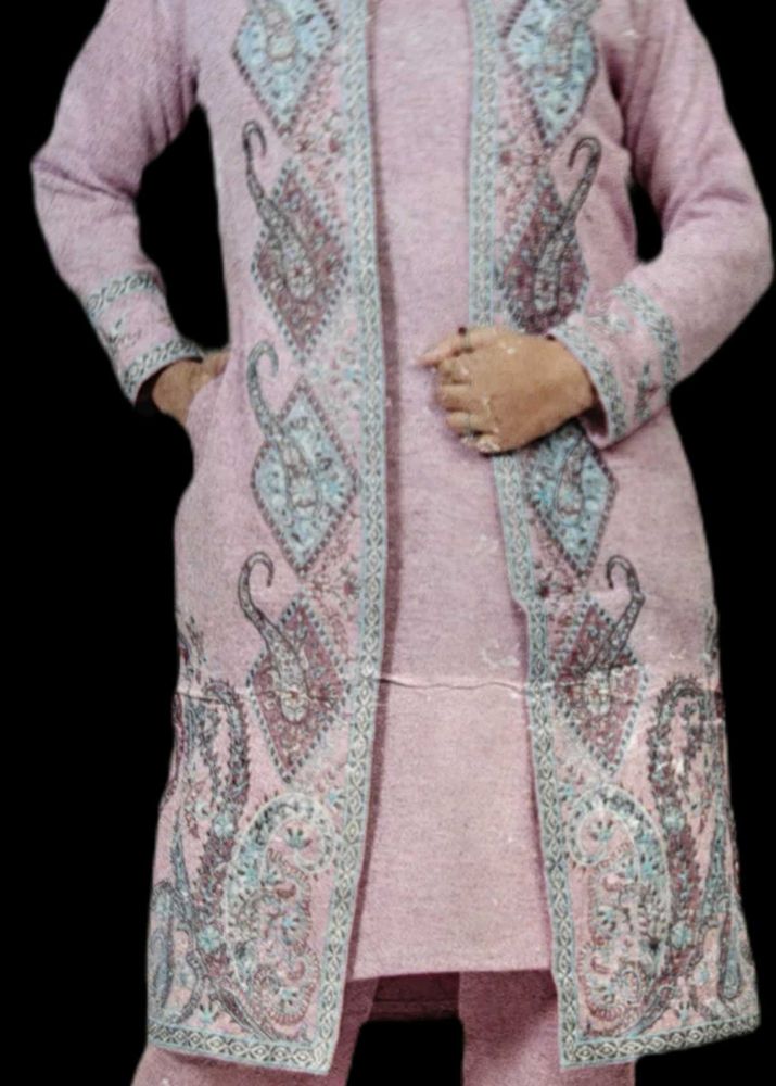Pink Embroidered Wool Cardigan SUIT Set