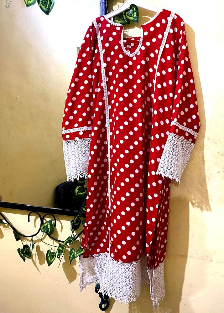 Beautiful Red And White Suit With Lace..