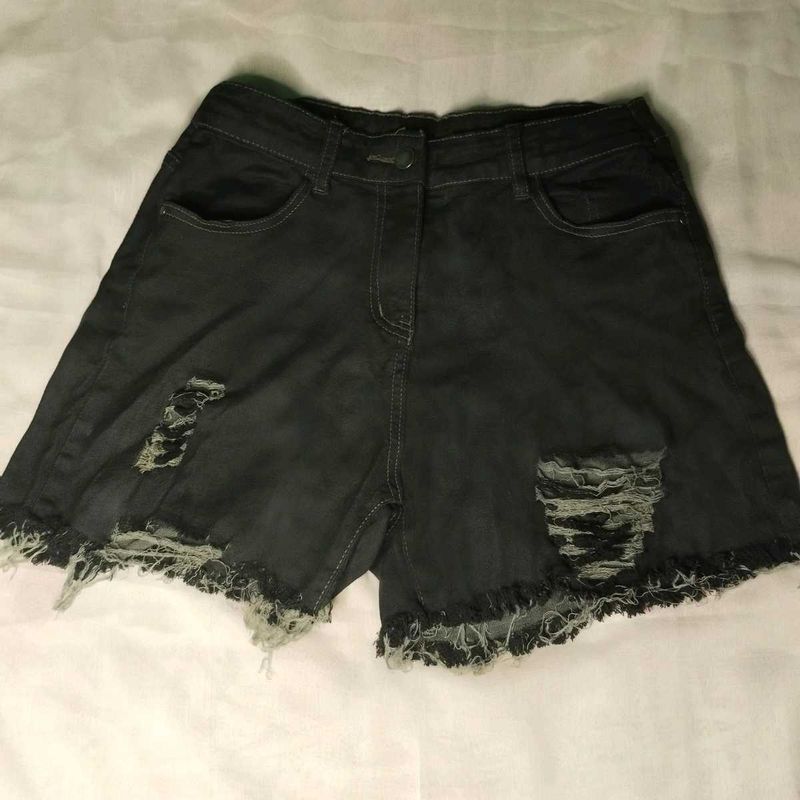 Distressed Black Denim Shorts