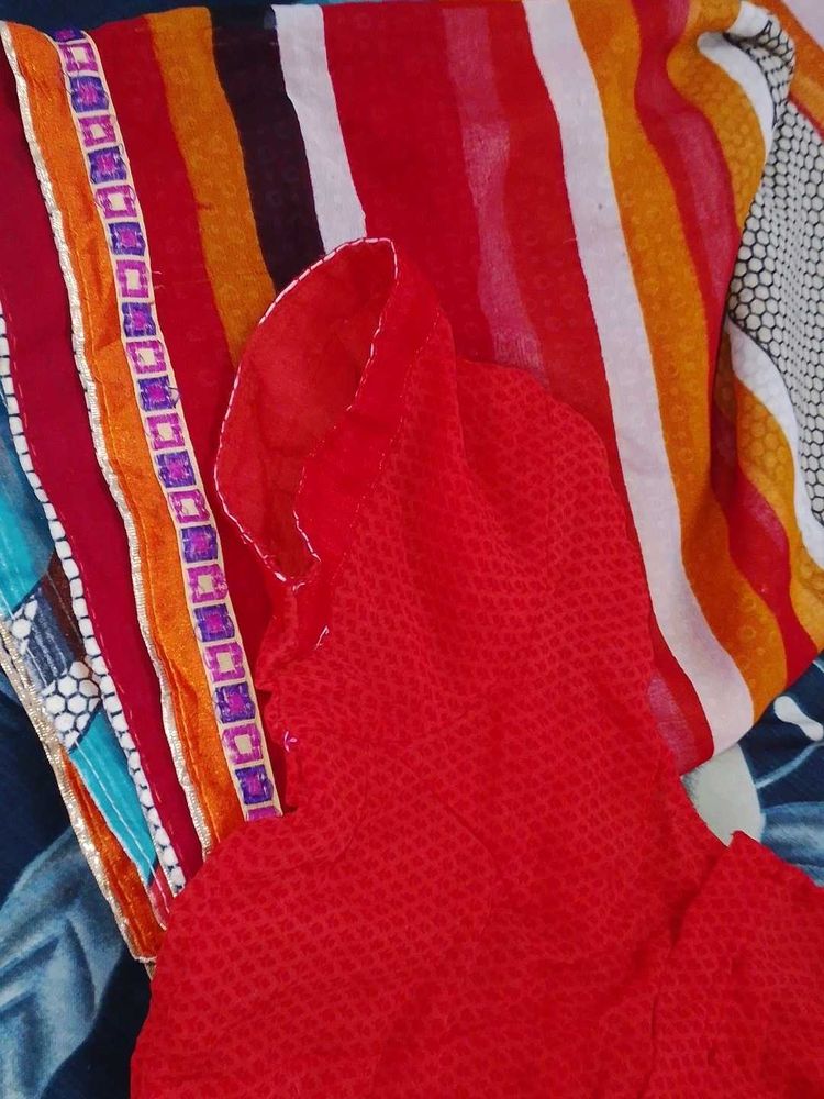 Red Blouse with Colorful Saree