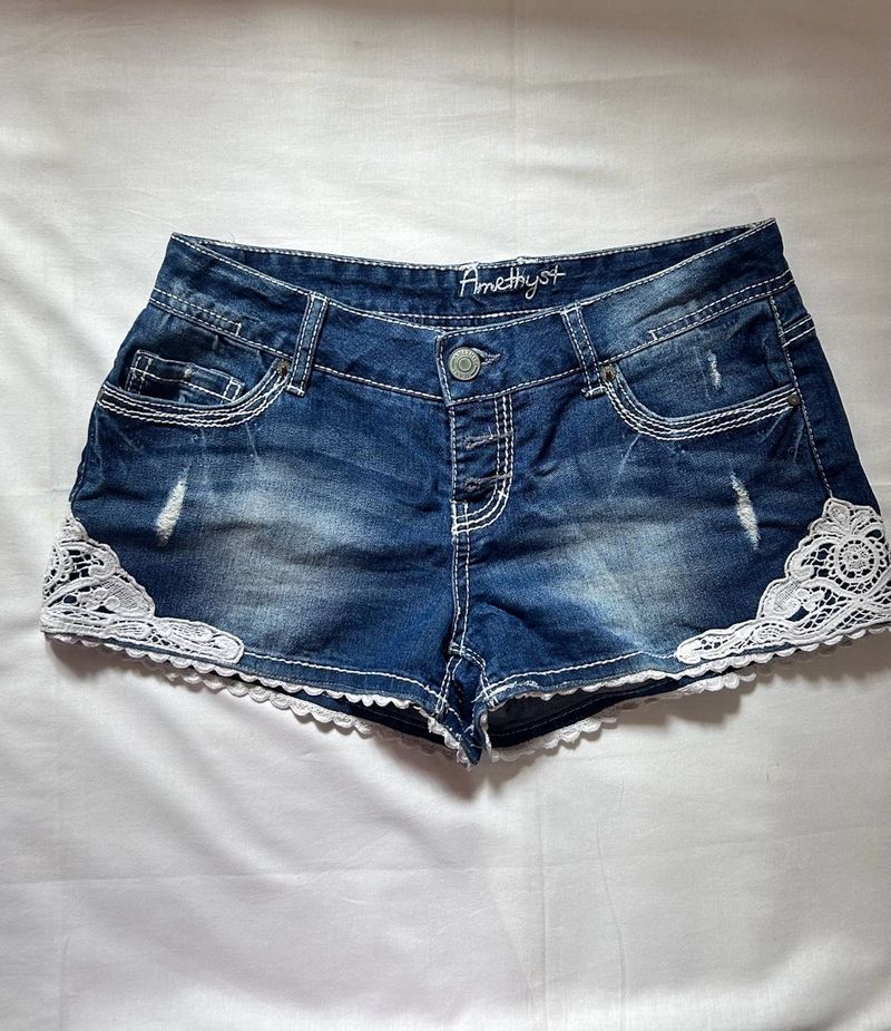 Denim Shorts With Lace Design