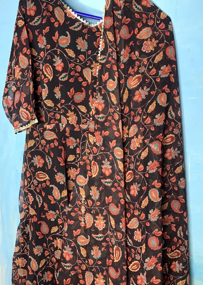 Black Flowers Anarkali Set