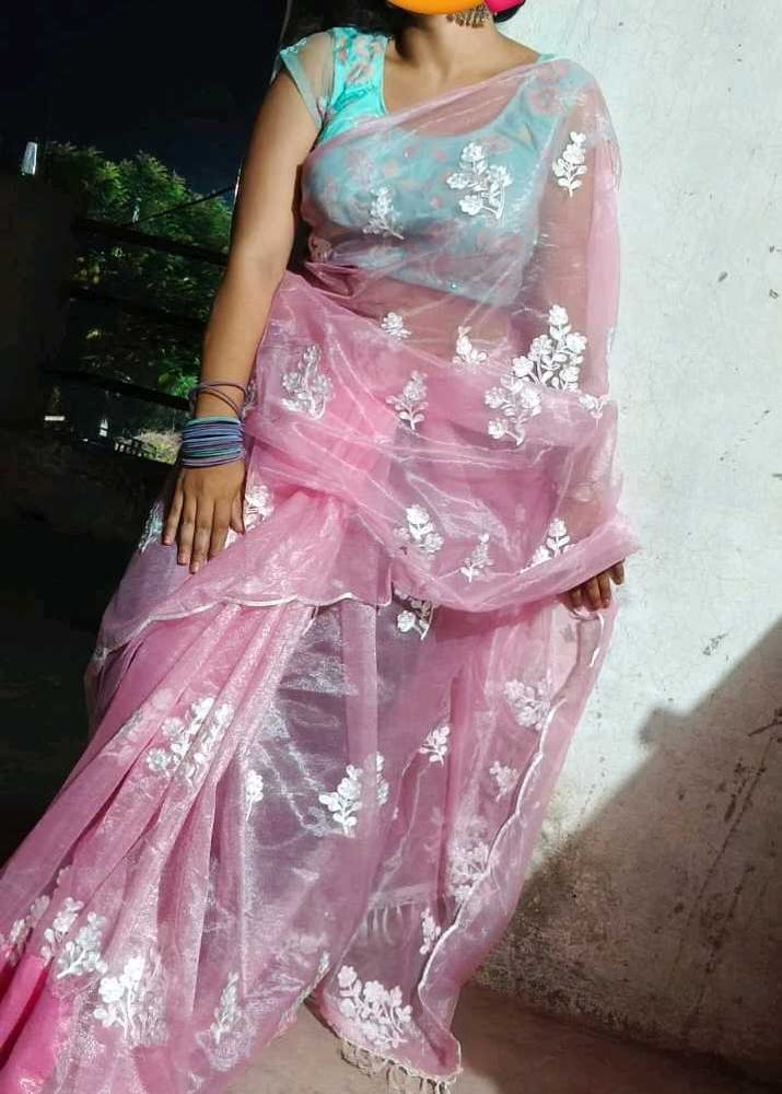Pink Organza Saree with Floral Embroidery