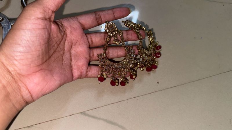 Red Beaded Chandbali Earrings