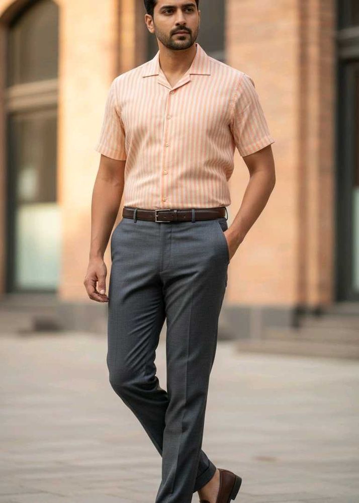 Men's Striped unstriched Peach Casual Shirt