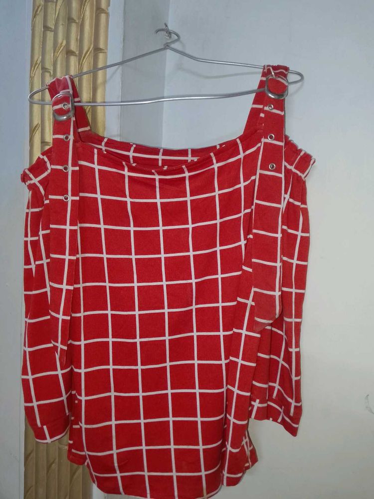Red Grid Cold Shoulder Top