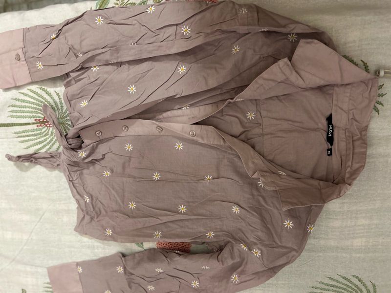 Floral Embroidered Shirt (knot tie crop top)