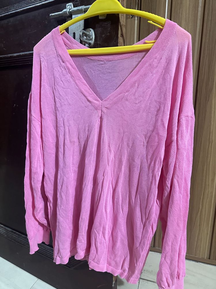 Pink V-Neck Long Sleeve Top with R detailing