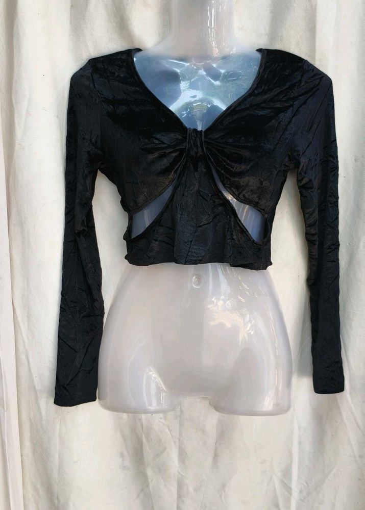 192812. Black Velvet Tie Front Crop Top
