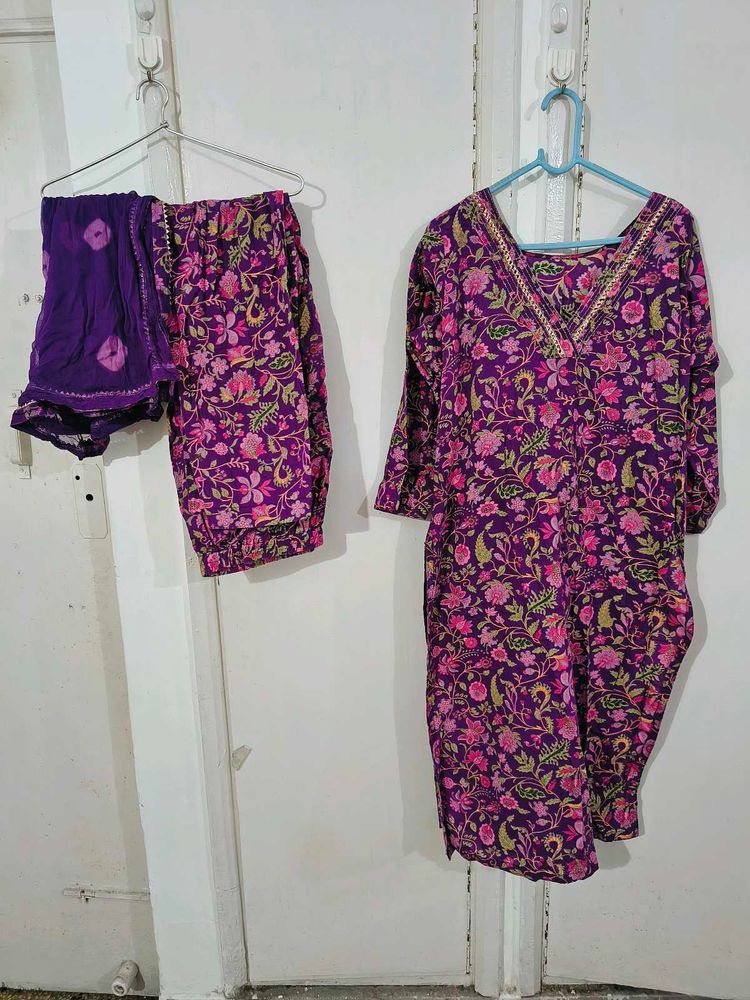 Purple Floral Print Kurta Set
