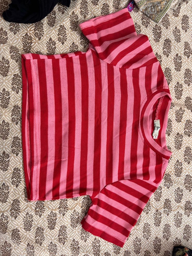 Red &amp; Pink Striped Crop Top